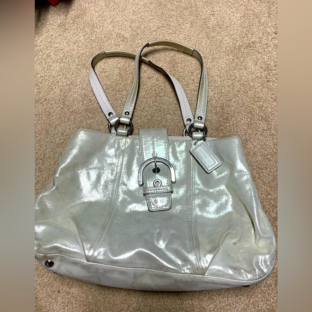 Coach silver shimmering tote purse great condition